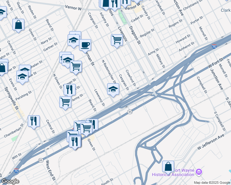 map of restaurants, bars, coffee shops, grocery stores, and more near 1035 North Rademacher Street in Detroit
