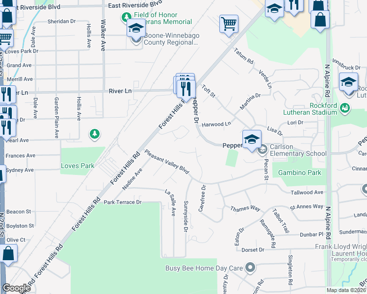 map of restaurants, bars, coffee shops, grocery stores, and more near 3210 Piper Court in Rockford