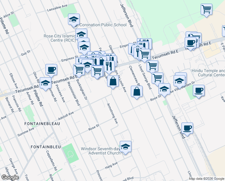 map of restaurants, bars, coffee shops, grocery stores, and more near in Windsor