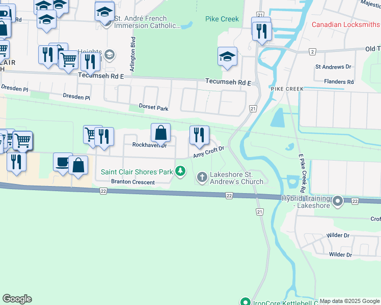 map of restaurants, bars, coffee shops, grocery stores, and more near 109 Marina Grove Crescent in Windsor