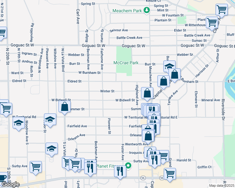 map of restaurants, bars, coffee shops, grocery stores, and more near 106 Winter Street in Battle Creek