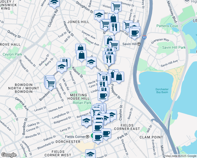 map of restaurants, bars, coffee shops, grocery stores, and more near 25 Hecla Street in Boston