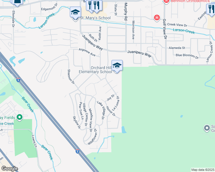 map of restaurants, bars, coffee shops, grocery stores, and more near 1110 La Loma Drive in Medford