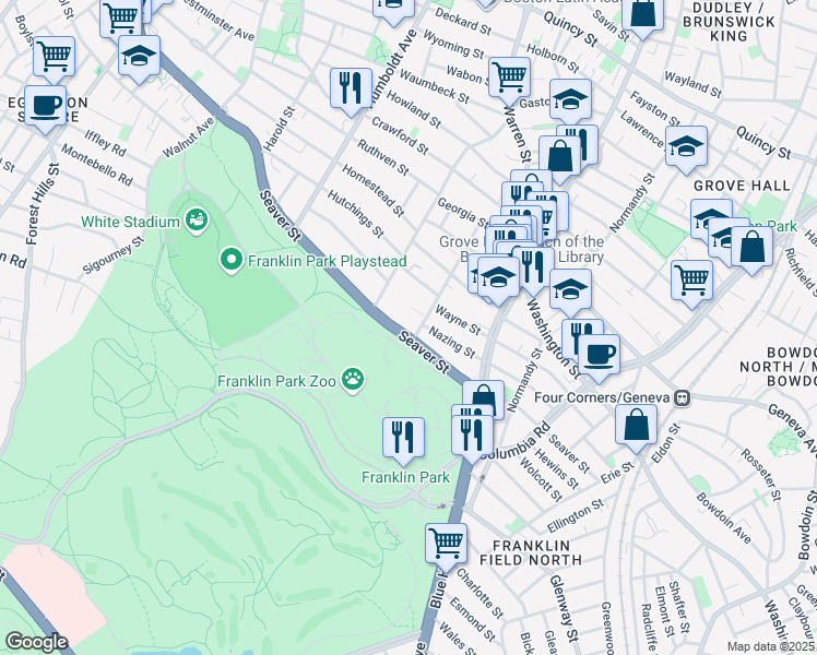 map of restaurants, bars, coffee shops, grocery stores, and more near 232 Seaver Street in Boston