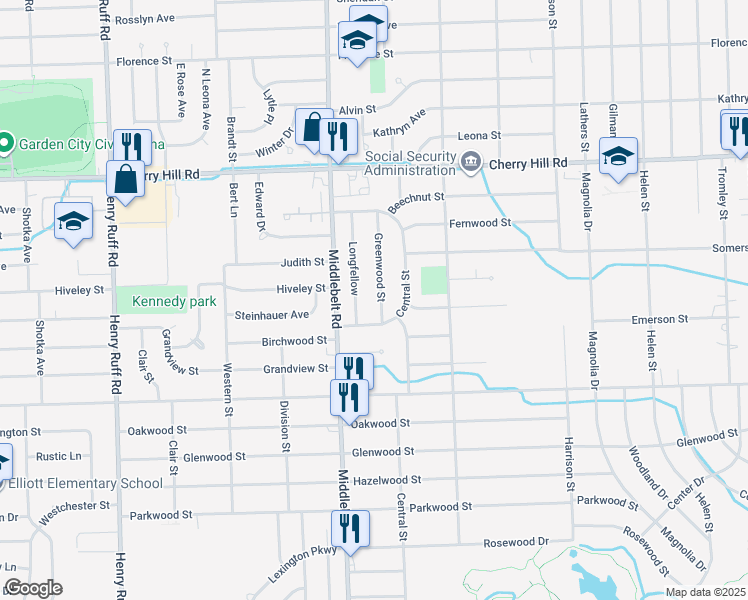map of restaurants, bars, coffee shops, grocery stores, and more near 525 Greenwood Street in Inkster