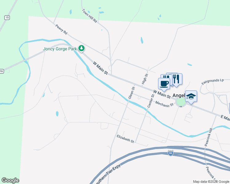 map of restaurants, bars, coffee shops, grocery stores, and more near 34 Brooklyn Street in Angelica