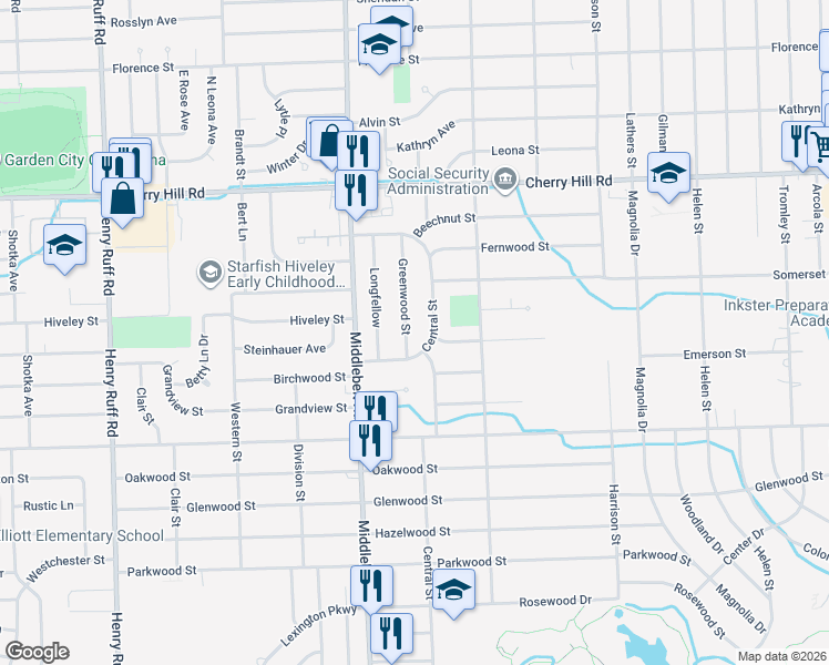 map of restaurants, bars, coffee shops, grocery stores, and more near 525 Greenwood Street in Inkster