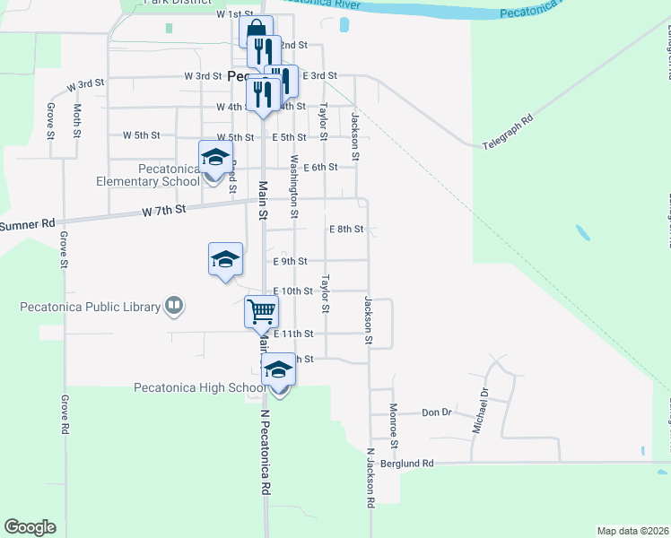 map of restaurants, bars, coffee shops, grocery stores, and more near 925 Taylor Street in Pecatonica