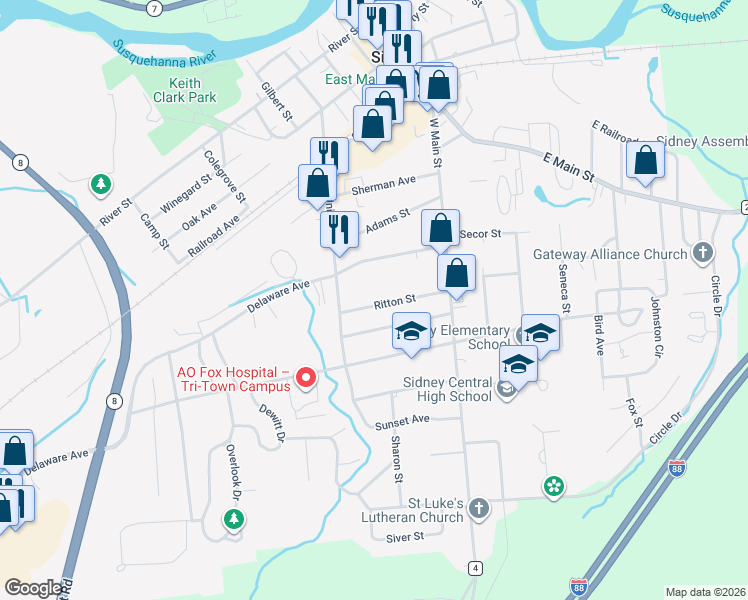 map of restaurants, bars, coffee shops, grocery stores, and more near 51 Union St in Sidney