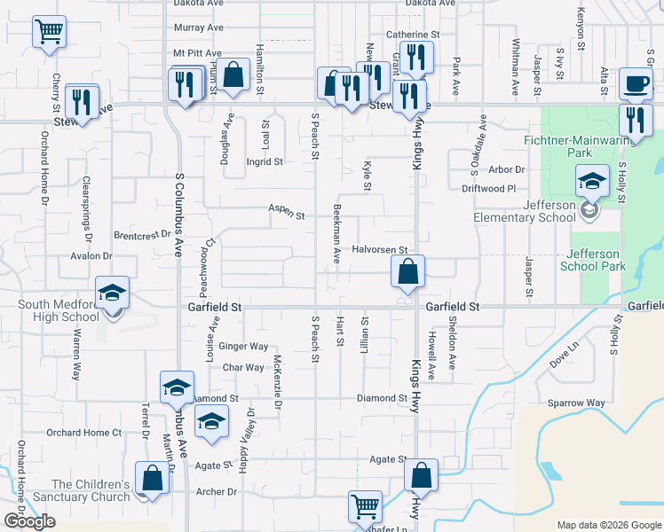 map of restaurants, bars, coffee shops, grocery stores, and more near 1457 Beekman Avenue in Medford