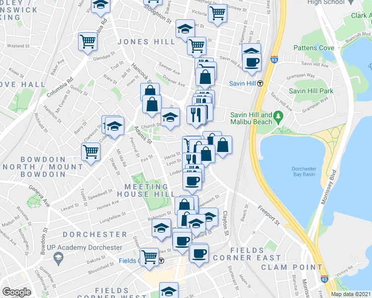 map of restaurants, bars, coffee shops, grocery stores, and more near 20 East Street in Boston