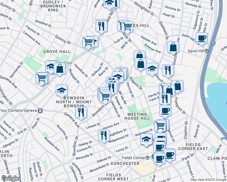 map of restaurants, bars, coffee shops, grocery stores, and more near 66 Coleman Street in Boston
