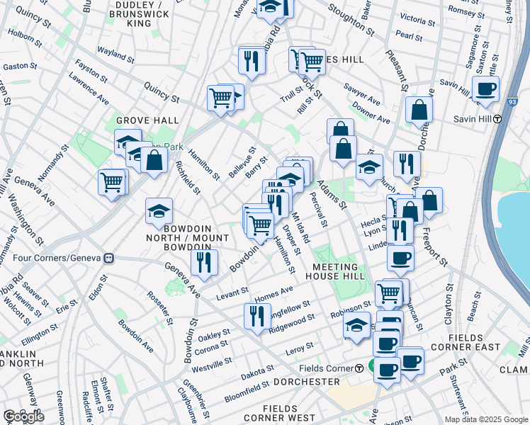 map of restaurants, bars, coffee shops, grocery stores, and more near 66 Coleman Street in Boston