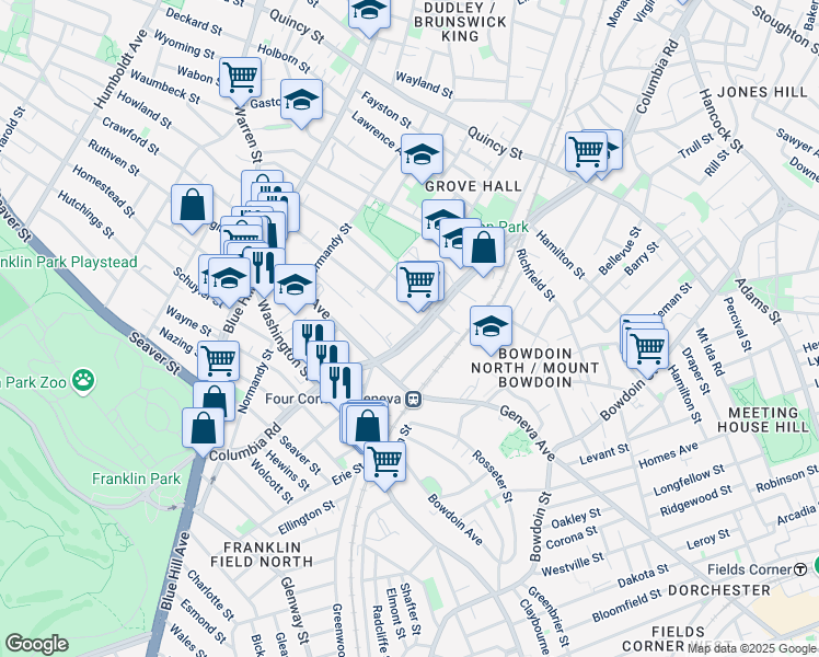 map of restaurants, bars, coffee shops, grocery stores, and more near 151 Stanwood Street in Boston