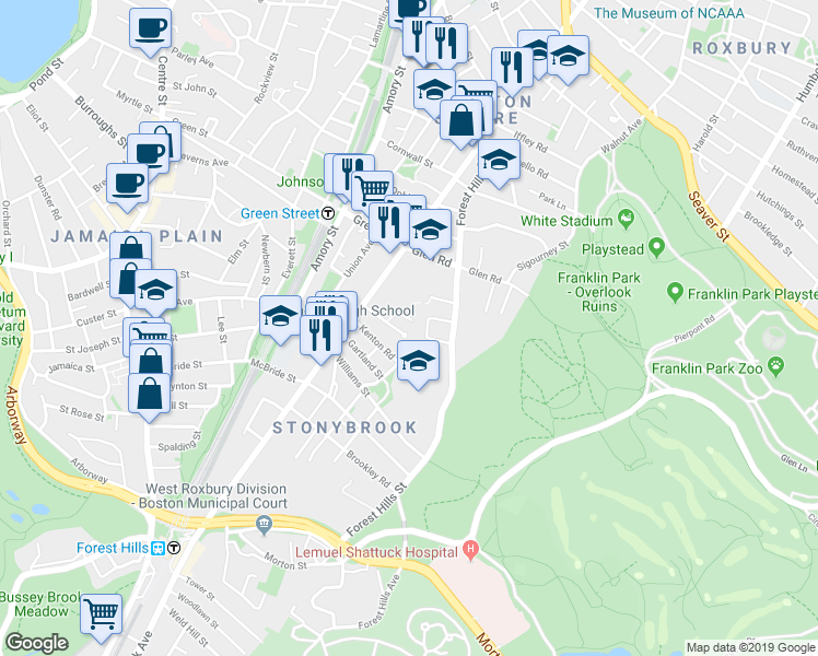 map of restaurants, bars, coffee shops, grocery stores, and more near 20 Rockvale Circle in Boston