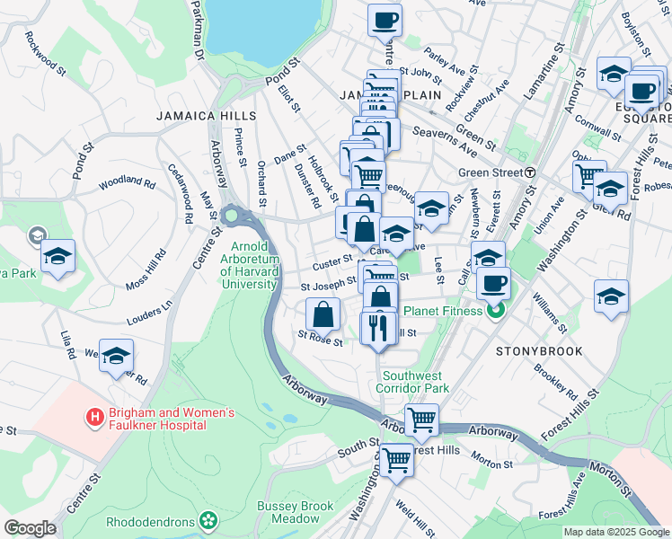 map of restaurants, bars, coffee shops, grocery stores, and more near 15 Custer Street in Boston
