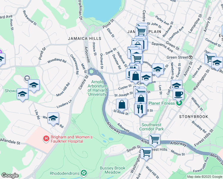 map of restaurants, bars, coffee shops, grocery stores, and more near 172 Arborway in Boston