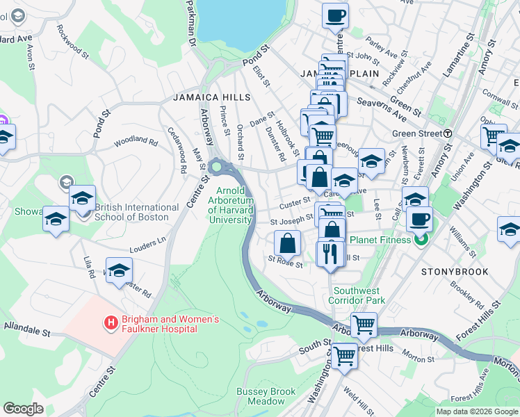 map of restaurants, bars, coffee shops, grocery stores, and more near 172 Arborway in Boston