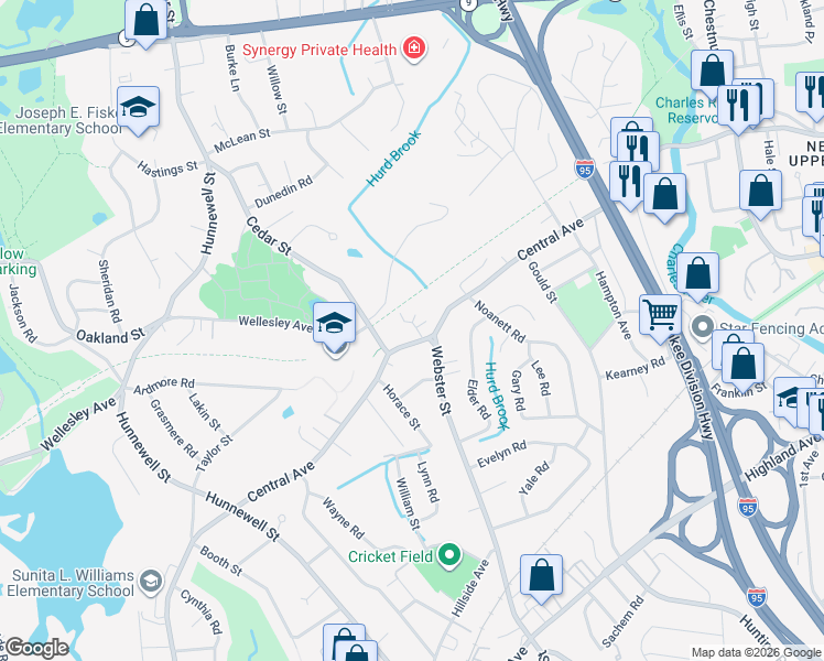 map of restaurants, bars, coffee shops, grocery stores, and more near 32 Rosegate Road in Needham