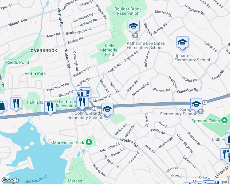 map of restaurants, bars, coffee shops, grocery stores, and more near 34 Earle Road in Wellesley
