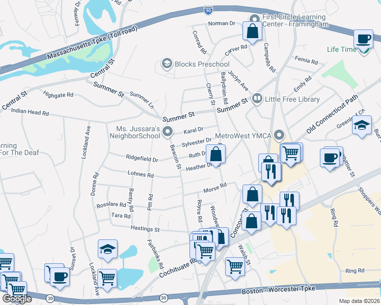 map of restaurants, bars, coffee shops, grocery stores, and more near 14 Sylvester Drive in Framingham