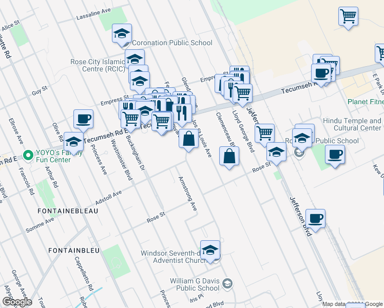 map of restaurants, bars, coffee shops, grocery stores, and more near in Windsor
