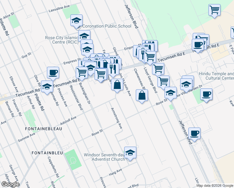 map of restaurants, bars, coffee shops, grocery stores, and more near in Windsor
