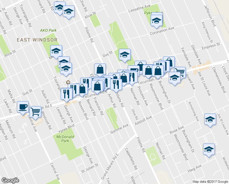 map of restaurants, bars, coffee shops, grocery stores, and more near 4742 Tecumseh Road East in Windsor