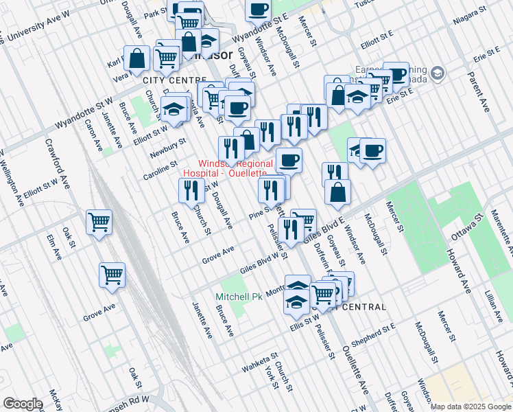 map of restaurants, bars, coffee shops, grocery stores, and more near 1063 Pelissier Street in Windsor