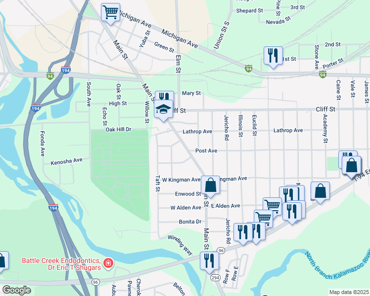 map of restaurants, bars, coffee shops, grocery stores, and more near 359 Main Street in Battle Creek