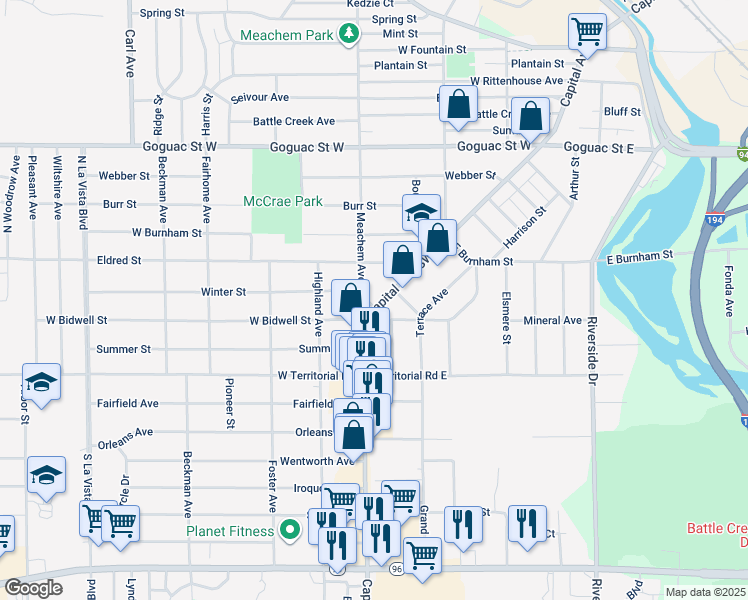 map of restaurants, bars, coffee shops, grocery stores, and more near 540 Capital Avenue Southwest in Battle Creek