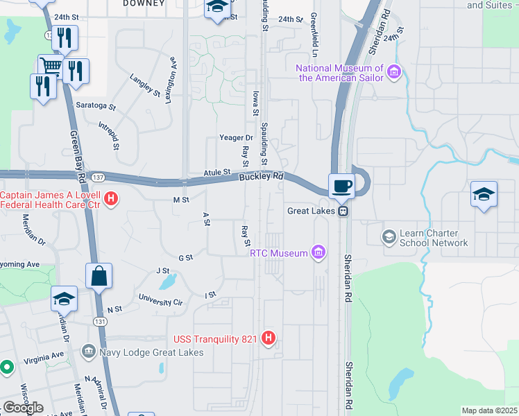map of restaurants, bars, coffee shops, grocery stores, and more near 2801 Ray Street in North Chicago