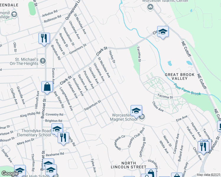 map of restaurants, bars, coffee shops, grocery stores, and more near 145 Uncatena Avenue in Worcester