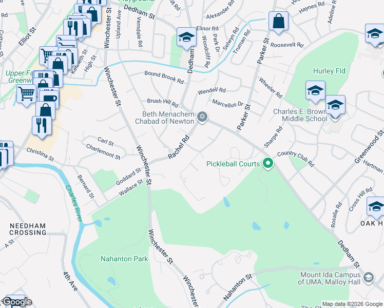 map of restaurants, bars, coffee shops, grocery stores, and more near 62 Rachel Road in Newton