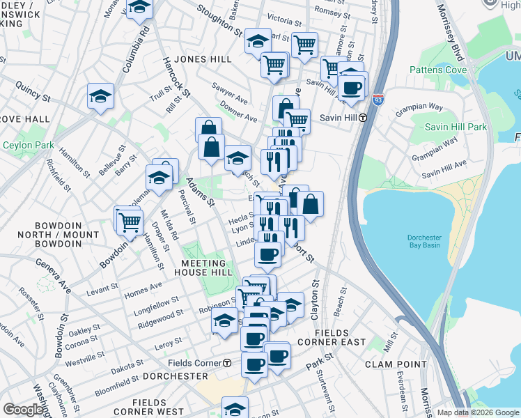 map of restaurants, bars, coffee shops, grocery stores, and more near 19 Hecla Street in Boston