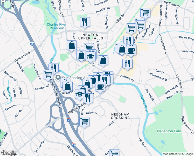 map of restaurants, bars, coffee shops, grocery stores, and more near 56 Williams Street in Newton