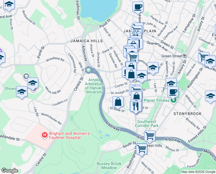 map of restaurants, bars, coffee shops, grocery stores, and more near 172 Arborway in Boston