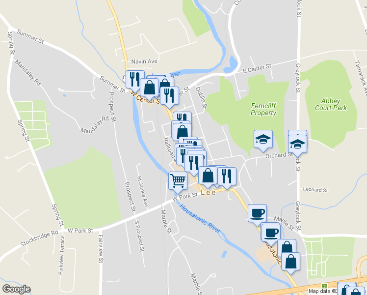 map of restaurants, bars, coffee shops, grocery stores, and more near 165 Main Street in Lee