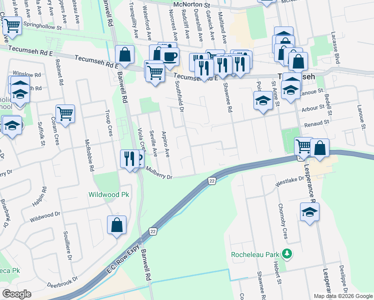 map of restaurants, bars, coffee shops, grocery stores, and more near 11858 Brouillette Court in Tecumseh