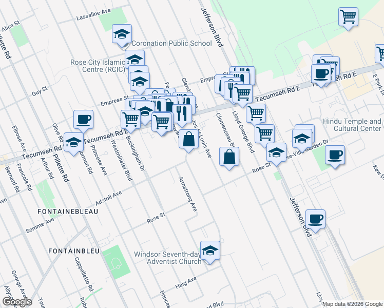 map of restaurants, bars, coffee shops, grocery stores, and more near 2486 Rivard Avenue in Windsor