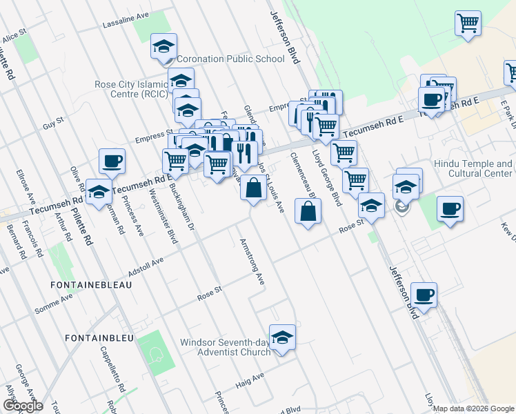 map of restaurants, bars, coffee shops, grocery stores, and more near 2490 Rivard Avenue in Windsor
