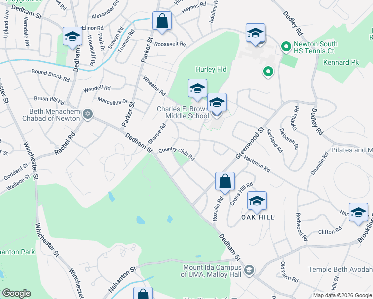 map of restaurants, bars, coffee shops, grocery stores, and more near 225 Arnold Road in Newton