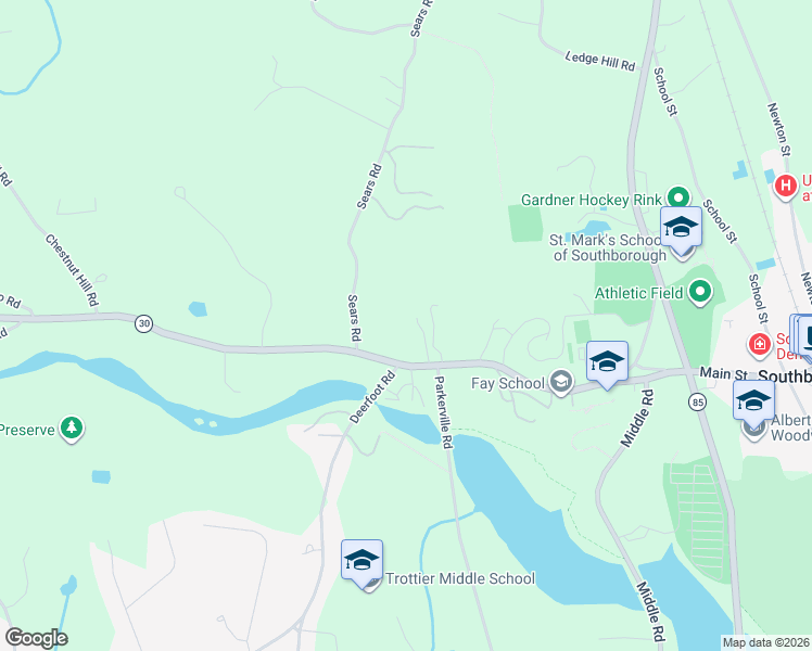 map of restaurants, bars, coffee shops, grocery stores, and more near 67 Main Street in Southborough