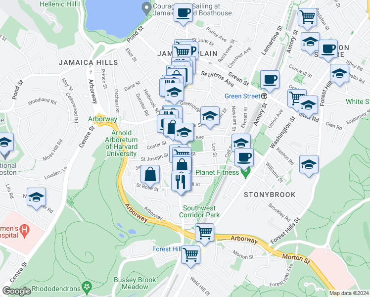 map of restaurants, bars, coffee shops, grocery stores, and more near 20 Child Street in Boston