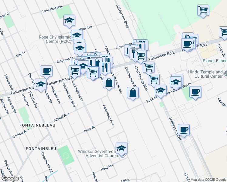 map of restaurants, bars, coffee shops, grocery stores, and more near 2476 Rivard Avenue in Windsor