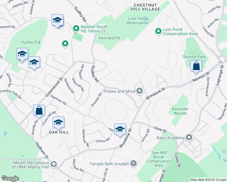 map of restaurants, bars, coffee shops, grocery stores, and more near 472 Dudley Road in Newton