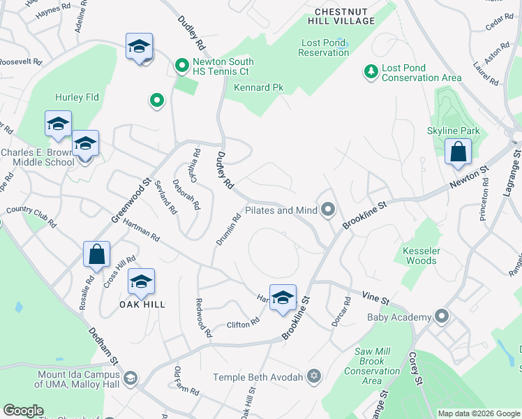 map of restaurants, bars, coffee shops, grocery stores, and more near 436 Dudley Road in Newton