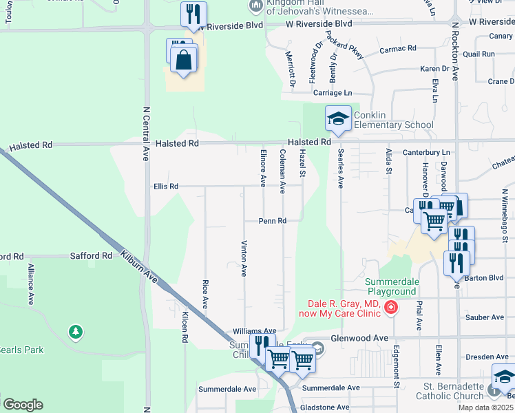 map of restaurants, bars, coffee shops, grocery stores, and more near 3124 Elinore Avenue in Rockford