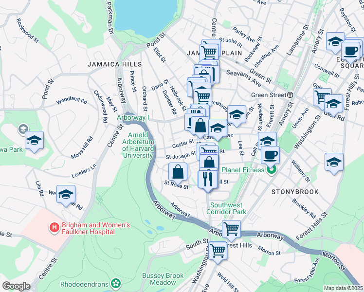 map of restaurants, bars, coffee shops, grocery stores, and more near 26 Custer Street in Boston