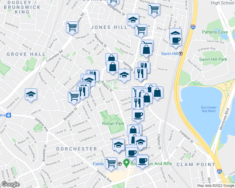 map of restaurants, bars, coffee shops, grocery stores, and more near 34 Adams Street in Boston